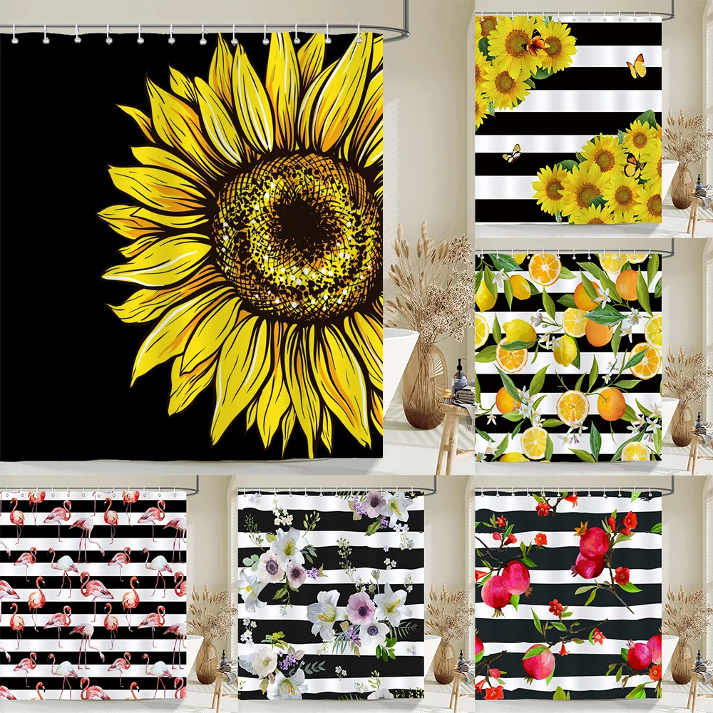 Black White Stripes Flower Sunflower Printed Shower Curtain Bath Curtain Frabic Waterproof Polyester Bathroom Curtain with Hooks
Black White Stripes Flower Sunflower Printed Shower Curtain Bath Curtain Frabic Waterproof Polyester Bathroom Curtain with Hooks