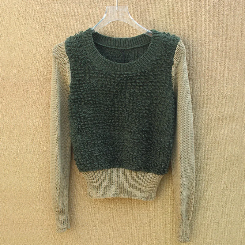 Women's Short Sweater with Long Sleeves, Ribbed Waist, Slimming, Color-Blocked, Round Neck Pullover, Army Green Outerwear Knit T
Women's Short Sweater with Long Sleeves, Ribbed Waist, Slimming, Color-Blocked, Round Neck Pullover, Army Green Outerwear Knit T