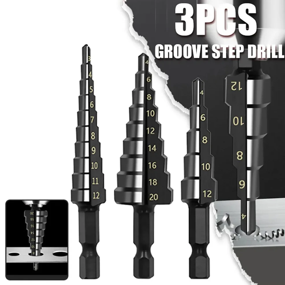 3Pcs HSS Straight Groove Step Drill Bit 3-12mm 4-12mm 4-20mm Nitride Black Hex Wood Metal Hole Cutter Core Drilling Tools Set
3Pcs HSS Straight Groove Step Drill Bit 3-12mm 4-12mm 4-20mm Nitride Black Hex Wood Metal Hole Cutter Core Drilling Tools Set