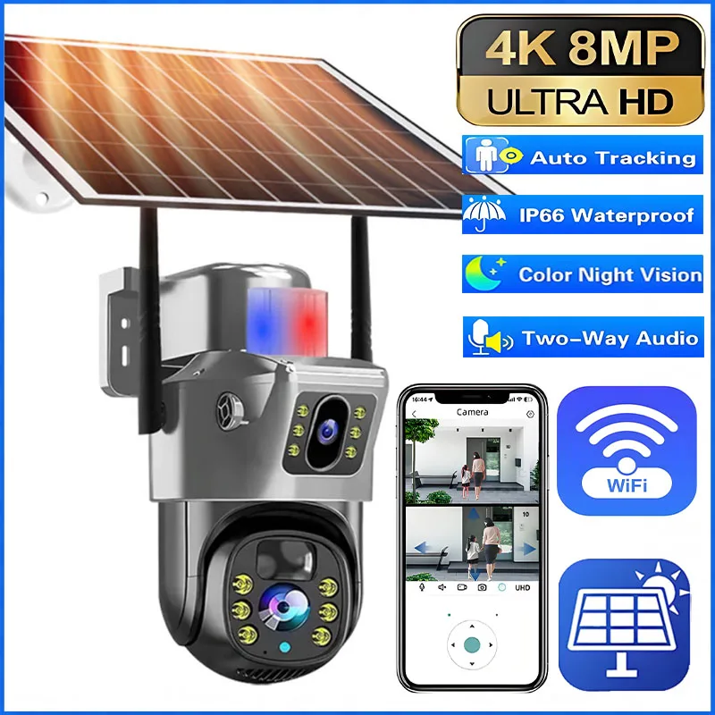 4K 8MP Солнечная Wi-Fi наружная камера с двумя объективами Беспроводная IP PTZ-видеонаблюдение Автоматическое отслеживание Защита безопасности CCTV Cam IP66
4K 8MP Солнечная Wi-Fi наружная камера с двумя объективами Беспроводная IP PTZ-видеонаблюдение Автоматическое отслеживание Защита безопасности CCTV Cam IP66