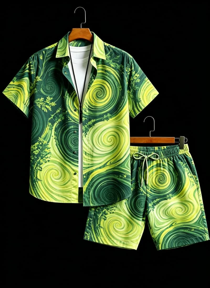 2026 Summer men's Short Sleeved Shirt And Matching Drawstring Shorts set, Fluid Vortex print, Bold Artistic Style
2026 Summer men's Short Sleeved Shirt And Matching Drawstring Shorts set, Fluid Vortex print, Bold Artistic Style