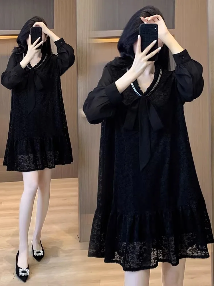 Slimming Effect Lace Long Sleeve plus Size Dress Conceals Flaws Makes You Look Thin Casual Style V-Neck Mid-Length Black Dress
Slimming Effect Lace Long Sleeve plus Size Dress Conceals Flaws Makes You Look Thin Casual Style V-Neck Mid-Length Black Dress