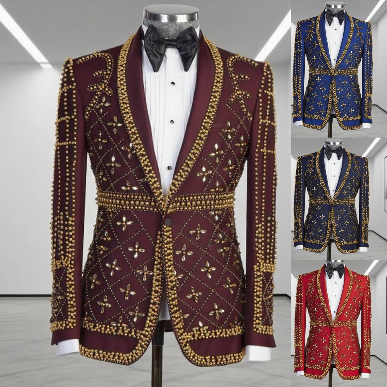 Gold Jewelry Stones Prom Suits For Wedding Single Breasted Jacket Pants 2 Pieces Groom Tuxedos Male Fashion trajes para hombre
Gold Jewelry Stones Prom Suits For Wedding Single Breasted Jacket Pants 2 Pieces Groom Tuxedos Male Fashion trajes para hombre