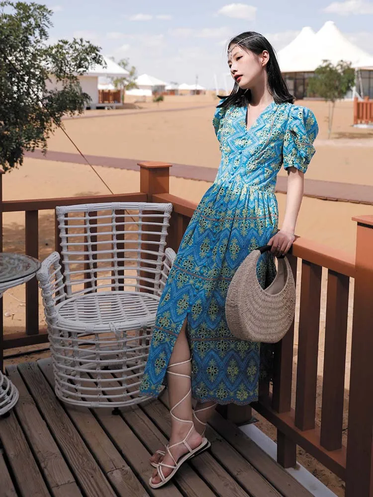 Blue Puff Sleeve Waist Slim Long Dresses Bohemian Women Mid-length Dress Short Sleeve Hollow Embroidered Dress Women Vestidos
Blue Puff Sleeve Waist Slim Long Dresses Bohemian Women Mid-length Dress Short Sleeve Hollow Embroidered Dress Women Vestidos