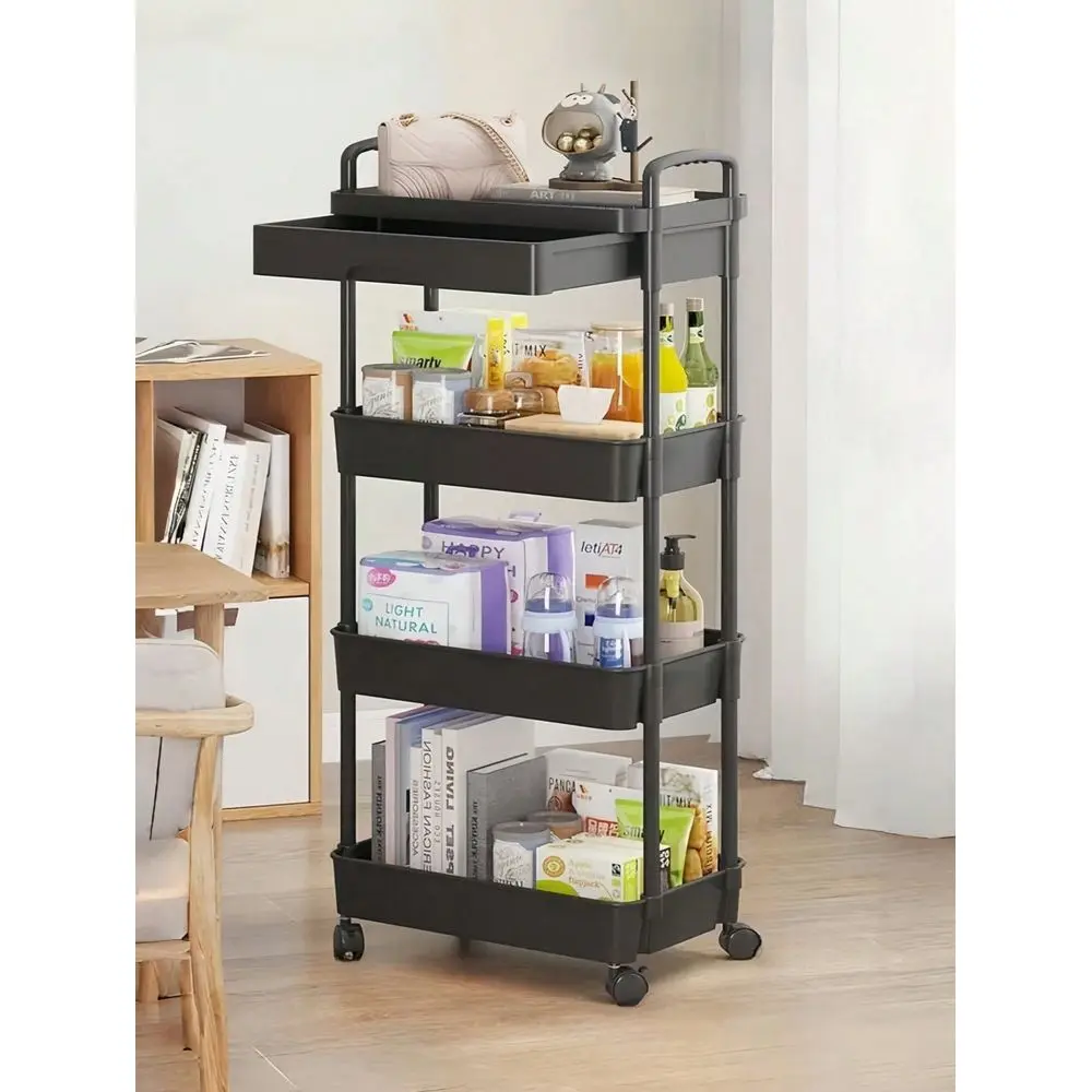 Swivel Wheel Practical Plastic Cart, Storage Rack, Kitchen Organizer, With Handle, MultiFunctional, Movable, Storage Cart, Suit
