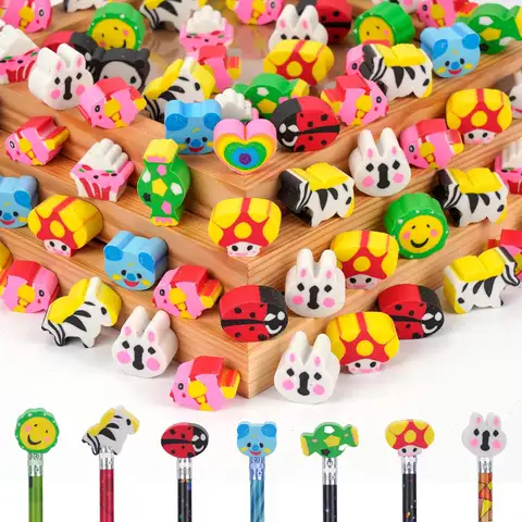 200 Cartoon Animal Pencil Eraser Toppers - Rabbit Zebra Mushroom Ladybug Designs for School Supplies