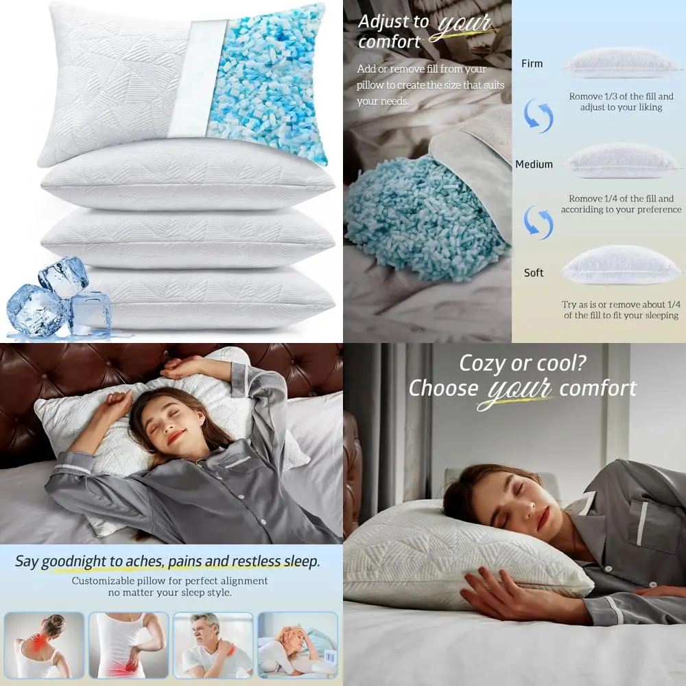 King Size Pillow Set of 4: Shredded Memory Foam Pillows for Sleep, Adjustable Firmness, Cooling for Neck Pain Relief
King Size Pillow Set of 4: Shredded Memory Foam Pillows for Sleep, Adjustable Firmness, Cooling for Neck Pain Relief