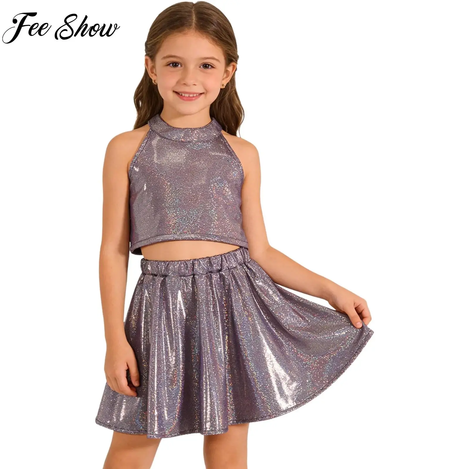 Kids Girls Jazz Cheerleading Dance Performance Costume Metallic Sleeveless Vest with Elastic Waistband Skirt Rhythmic Dance Set
Kids Girls Jazz Cheerleading Dance Performance Costume Metallic Sleeveless Vest with Elastic Waistband Skirt Rhythmic Dance Set