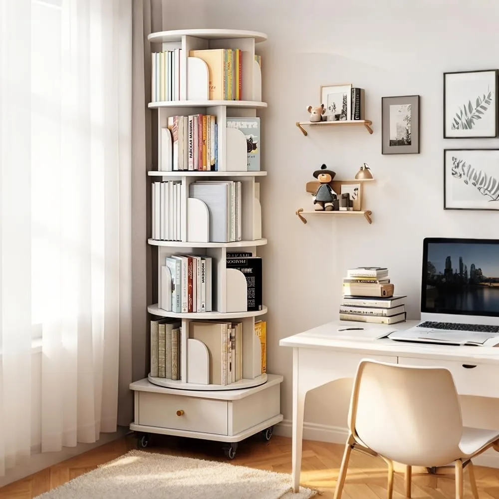 Modern 6 Tier Rotating Bookshelf with Drawer and Wheels, 360° Spinning Tall Bookshelf for Small Spaces, Slim Spining Bookcase
Modern 6 Tier Rotating Bookshelf with Drawer and Wheels, 360° Spinning Tall Bookshelf for Small Spaces, Slim Spining Bookcase