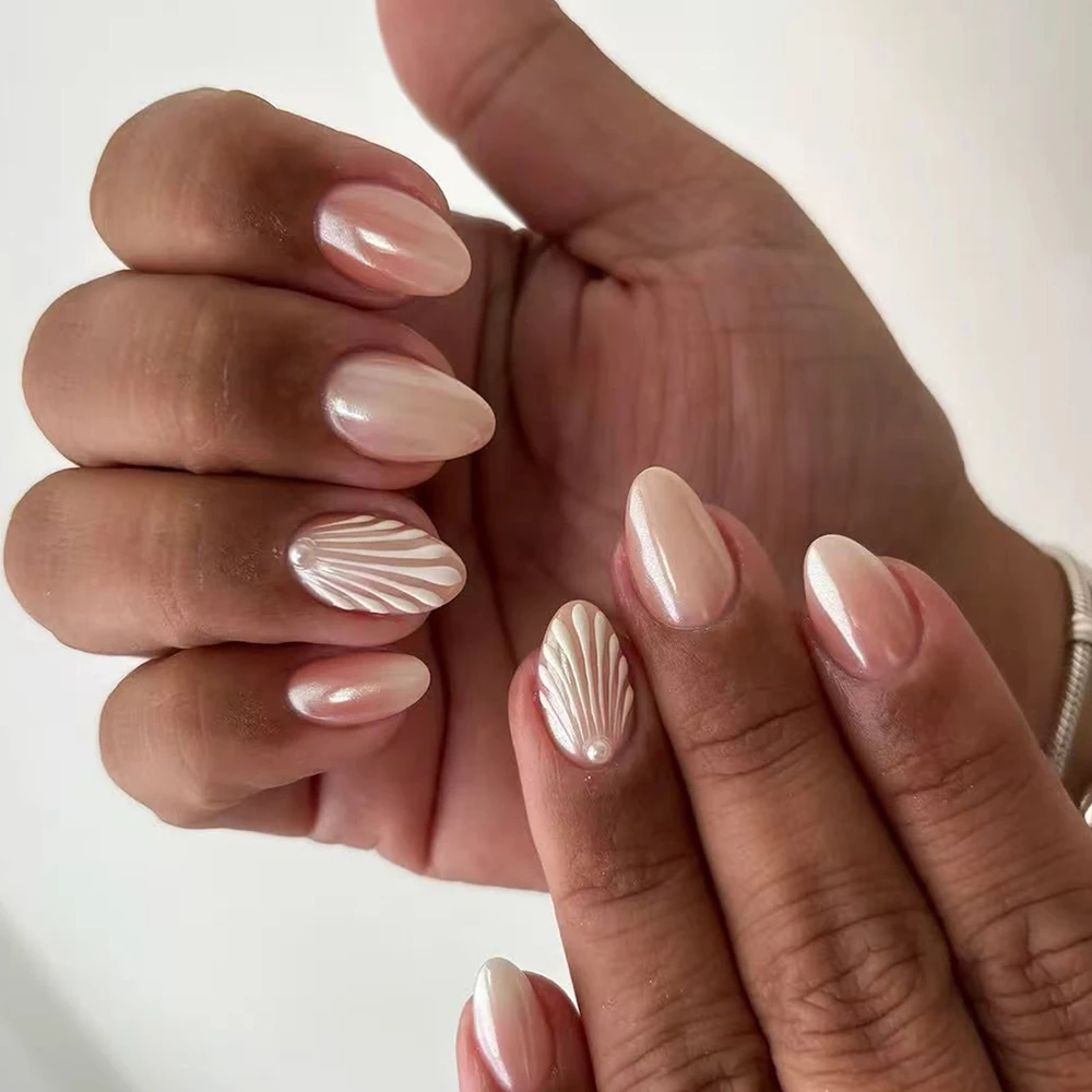 24 pieces / set of short oval 3D gel pure color pressed nails, with shell stripes, metallic luster, and pearl decorations
24 pieces / set of short oval 3D gel pure color pressed nails, with shell stripes, metallic luster, and pearl decorations