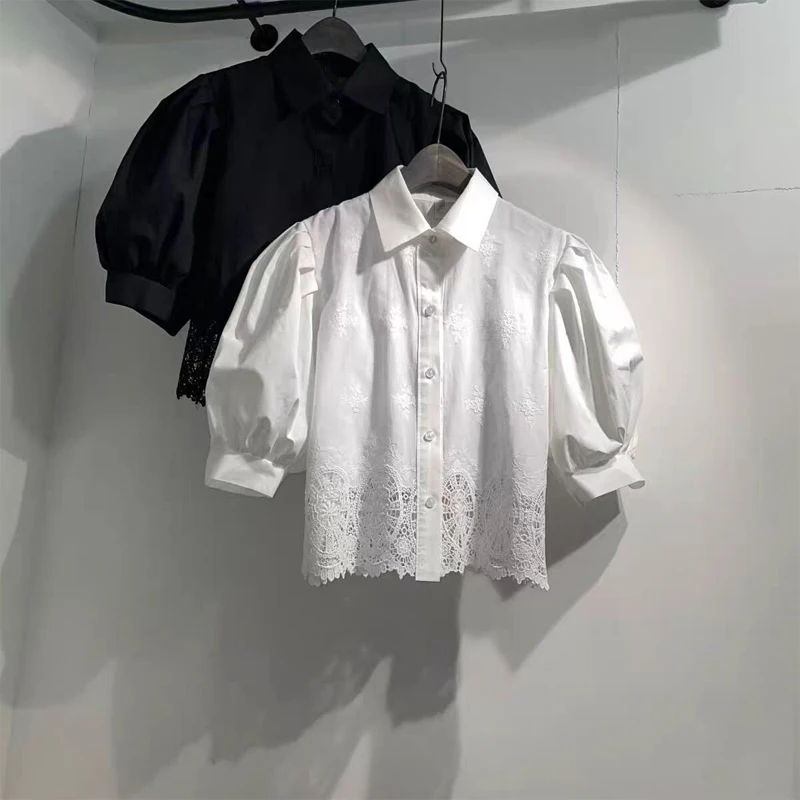 French Style Loose Fit Short Sleeve Shirt Women's Bubble Sleeve Embroidered Lace Hollow out Collar Top Breathable Summer New
French Style Loose Fit Short Sleeve Shirt Women's Bubble Sleeve Embroidered Lace Hollow out Collar Top Breathable Summer New