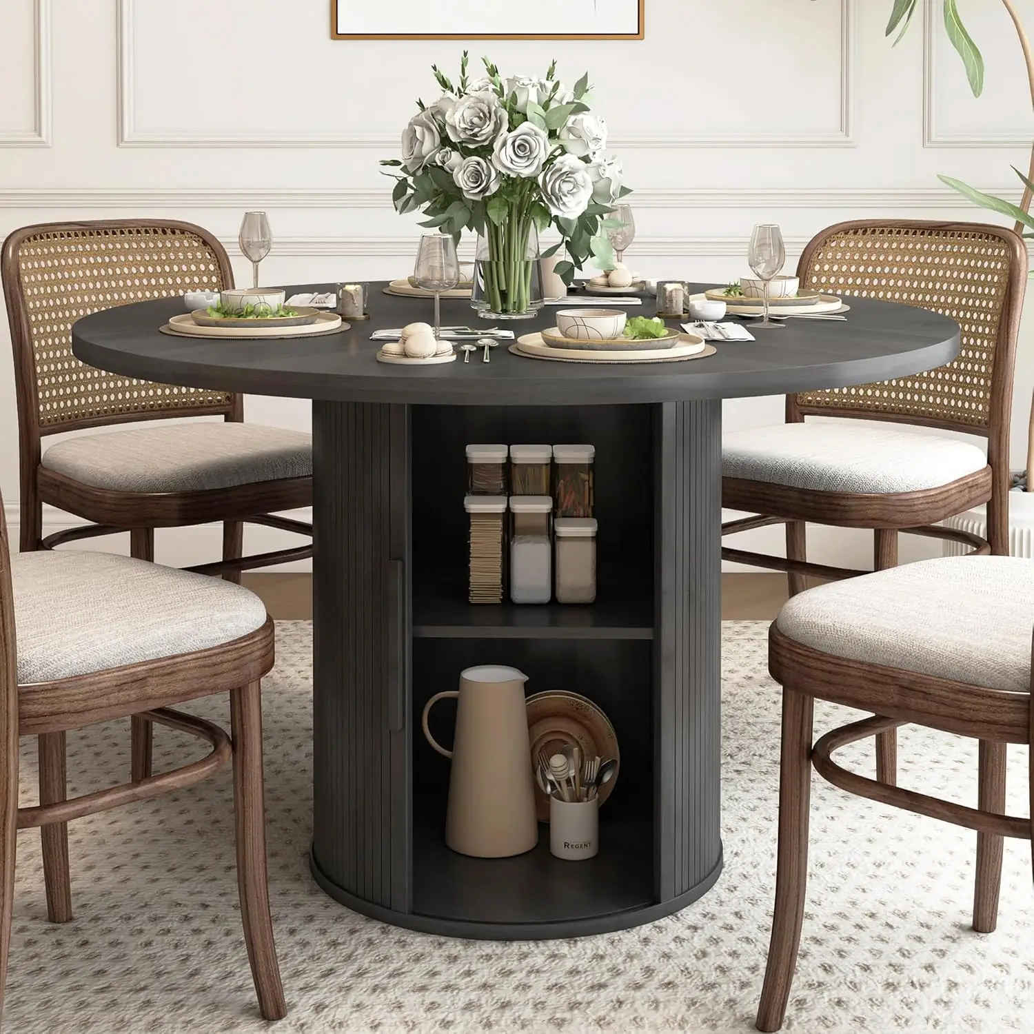 47 inch Round Dining Table for 4, Kitchen Table Dinner Table with 2-Layer Storage Shelf and Wood Slide Door for Home Dining Room
47 inch Round Dining Table for 4, Kitchen Table Dinner Table with 2-Layer Storage Shelf and Wood Slide Door for Home Dining Room
