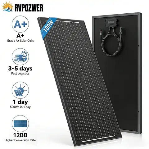RVPOZWER 12BB/18BB 12V Solar Panel 100W N-Type Monocrystalline Solar Cell High-Efficiency PV Power for Rooftop Camping Rigid