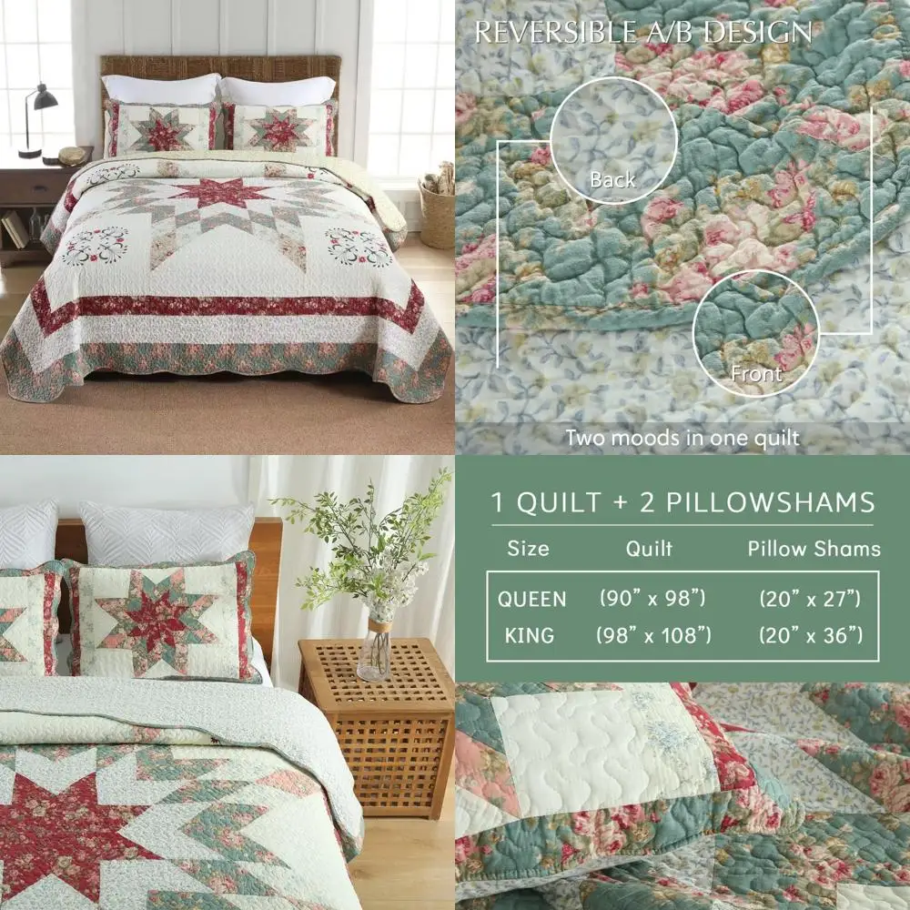 Reversible Star Pattern Cotton Bedding Set with Red Floral Patchwork, 3-Piece Comforter Coverlets
Reversible Star Pattern Cotton Bedding Set with Red Floral Patchwork, 3-Piece Comforter Coverlets