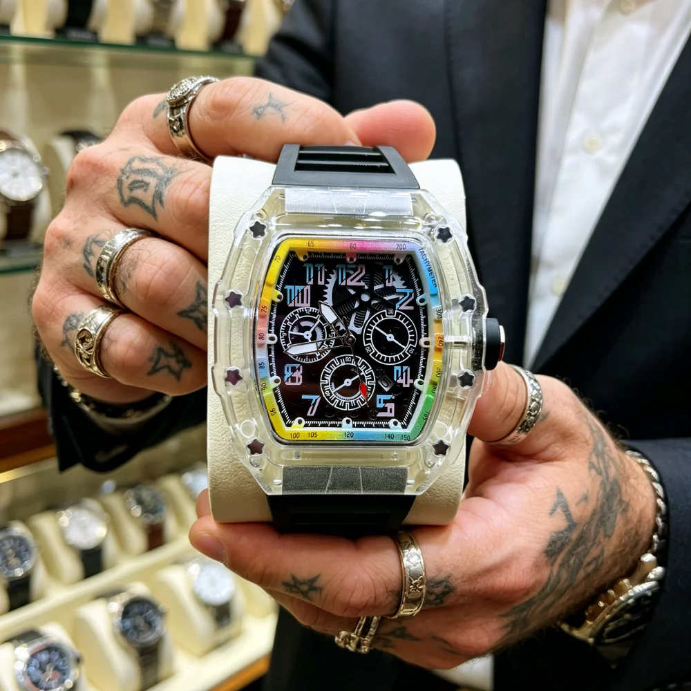 Trendy Influencer-Style Crystal Transparent Case Men's Quartz Watch, Rainbow Dial Personalized Barrel-Shaped Men's Watch, Waterproof Sports Casual Wristwatch, Light Luxury Trendy Men's Versatile Business Daily Commuter Watch, Street Fashion High-Popularit
Trendy Influencer-Style Crystal Transparent Case Men's Quartz Watch, Rainbow Dial Personalized Barrel-Shaped Men's Watch, Waterproof Sports Casual Wristwatch, Light Luxury Trendy Men's Versatile Business Daily Commuter Watch, Street Fashion High-Popularit