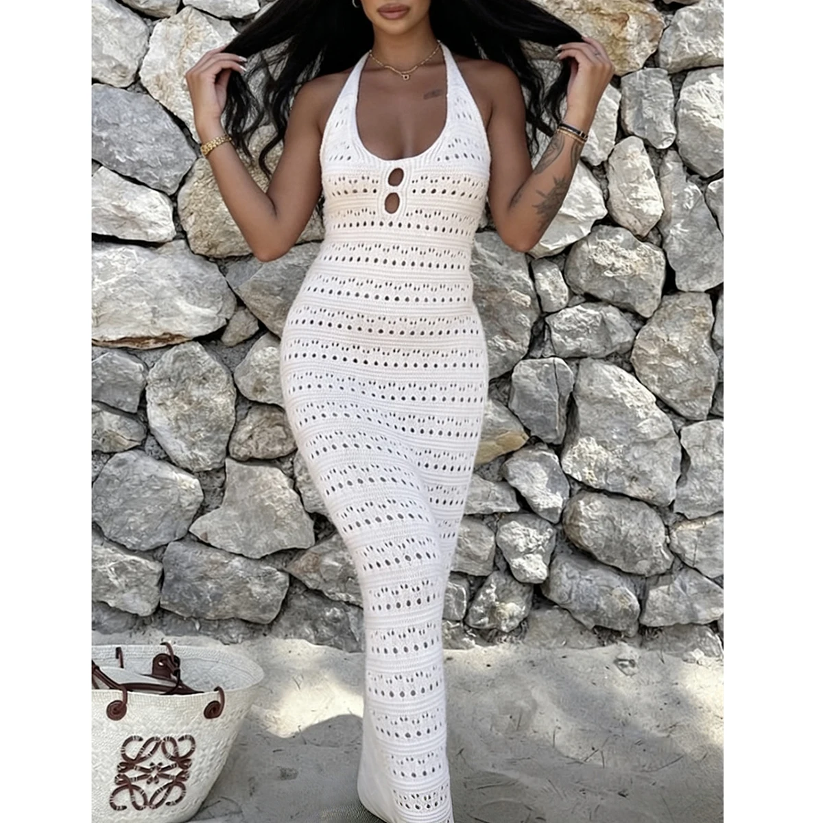 Fashion Elegant Backless Tie Up Design Knit Long Dress, Party Outing Beach Vacation Hollow Out Texture Cover-Up Dress
Fashion Elegant Backless Tie Up Design Knit Long Dress, Party Outing Beach Vacation Hollow Out Texture Cover-Up Dress