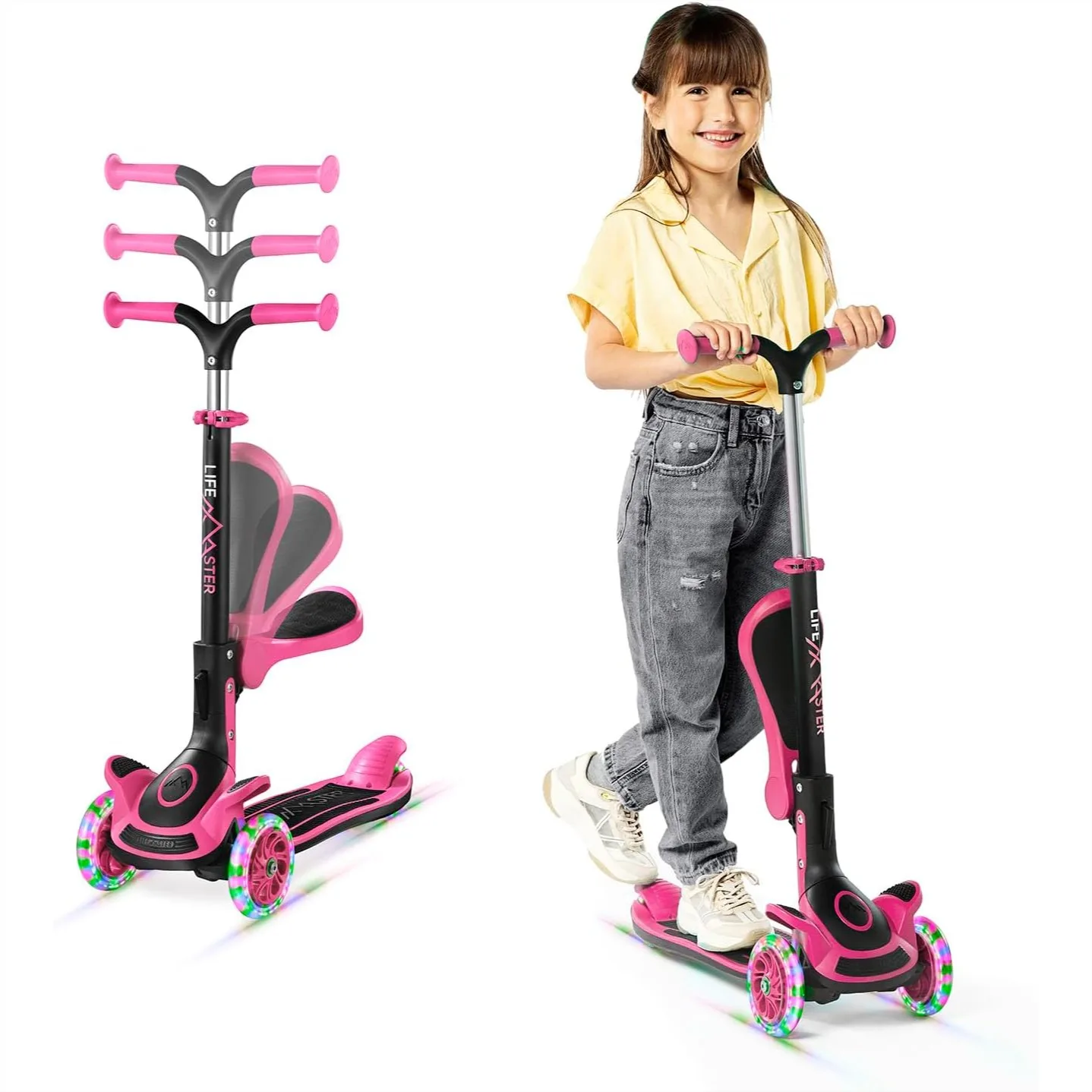 3 Wheel Scooter for Kids with Foldable Seat, Adjustable Handlebar, Lean-to-Steer, Light-Up LED Wheels, for Ages 2+
3 Wheel Scooter for Kids with Foldable Seat, Adjustable Handlebar, Lean-to-Steer, Light-Up LED Wheels, for Ages 2+