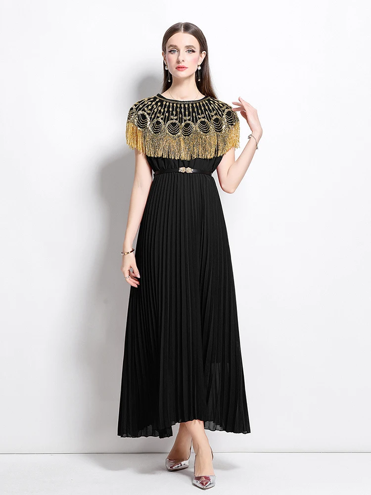 Elegant Sequin Big Swing Fold Dresses Women Spring Round Neck Short-sleeved Slim Dress Summer High Waist Knee Length Strap Dress
Elegant Sequin Big Swing Fold Dresses Women Spring Round Neck Short-sleeved Slim Dress Summer High Waist Knee Length Strap Dress