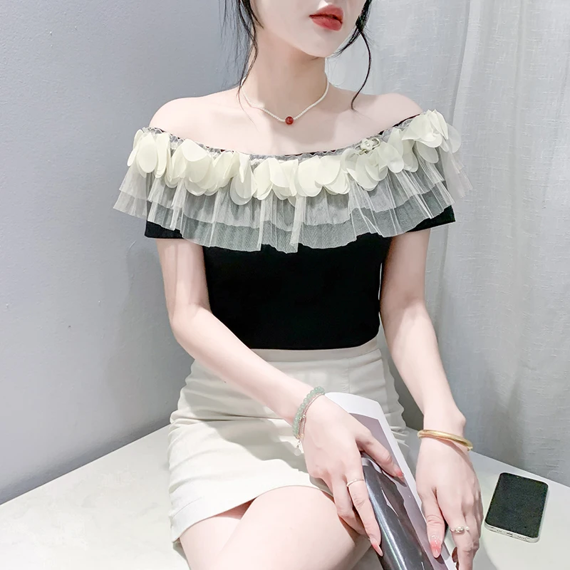 2024 New Summer European Clothes Cotton T-Shirt Fashion Sexy Women Off Collar Patchwork Mesh Ruffles Tops Short Sleeve Tees 4503
2024 New Summer European Clothes Cotton T-Shirt Fashion Sexy Women Off Collar Patchwork Mesh Ruffles Tops Short Sleeve Tees 4503