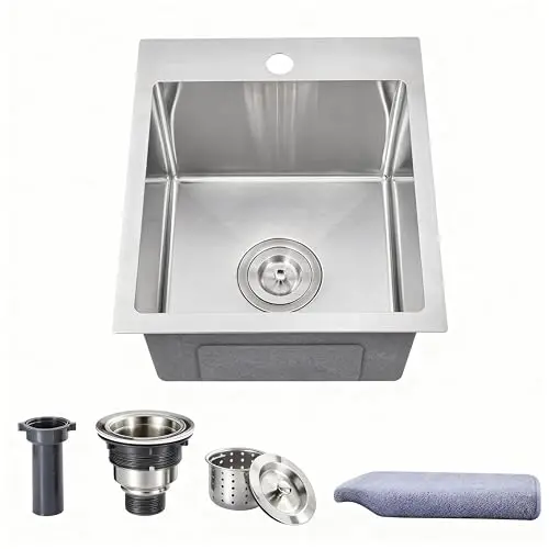 15x13 Inch Single Basin Drop-In Bar Sink 16 Gauge 304 Stainless Steel Top Mount With Strainer And Microfiber Cleaning Cloth
15x13 Inch Single Basin Drop-In Bar Sink 16 Gauge 304 Stainless Steel Top Mount With Strainer And Microfiber Cleaning Cloth