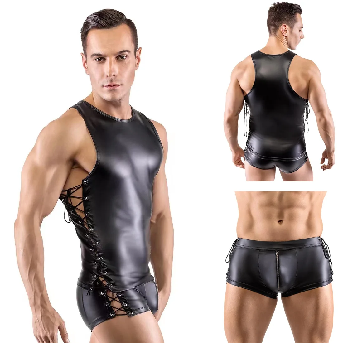Men Sexy Black Underwear Sleeveless Tank Tops Sets Shorts Cosplay Costume Front Open Zipper Hot Pants Erotic Lingerie Gay Hollow
Men Sexy Black Underwear Sleeveless Tank Tops Sets Shorts Cosplay Costume Front Open Zipper Hot Pants Erotic Lingerie Gay Hollow