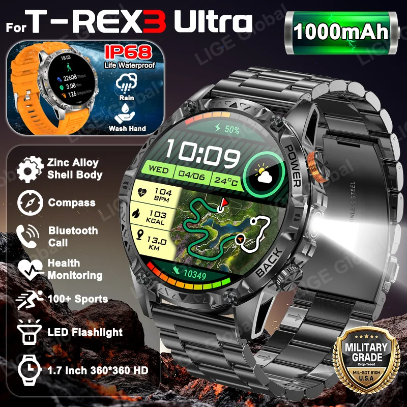 LIGE 2026 New Military T-Rex 3 Ultra 1000mAh Battery Smart Watch IP68 Waterproof Flashlight Heart Rate Sports Tracker Smartwatch
LIGE 2026 New Military T-Rex 3 Ultra 1000mAh Battery Smart Watch IP68 Waterproof Flashlight Heart Rate Sports Tracker Smartwatch