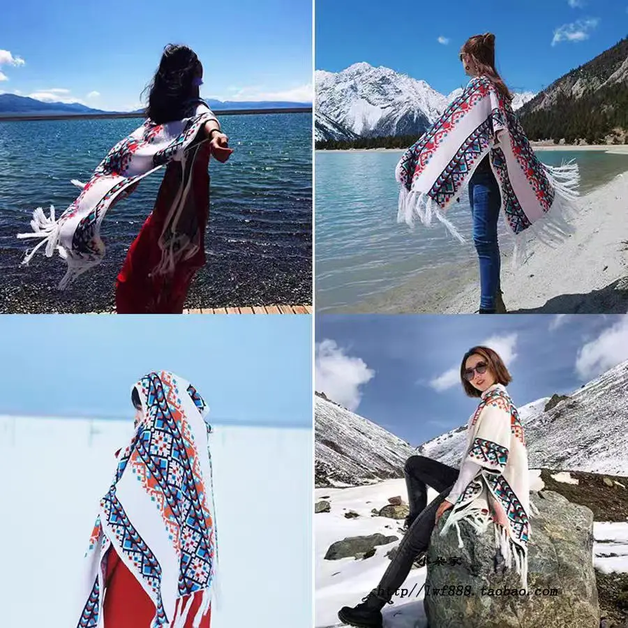 Retro ethnic style cape Cape women travel photo Knitted warm fringe scarf over a cape
Retro ethnic style cape Cape women travel photo Knitted warm fringe scarf over a cape