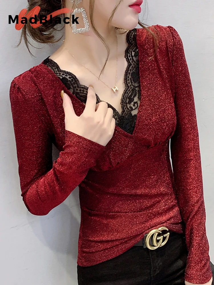MadBlack European Clothes Tshirts Women Sexy Lace V Necks Ruched Mesh Slim Top Long Sleeve Tee Autumn Spring New T38717JC
MadBlack European Clothes Tshirts Women Sexy Lace V Necks Ruched Mesh Slim Top Long Sleeve Tee Autumn Spring New T38717JC