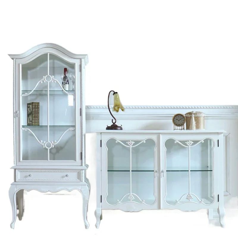 Solid wood display cabinet glass door dining side cabinet living room against the wall American French light luxury figure bag 
Solid wood display cabinet glass door dining side cabinet living room against the wall American French light luxury figure bag