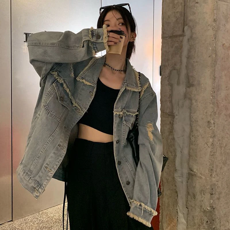 Vintage Raw Edges To Make Old Ripped Jeans Jackets Women Outwear Spring Autumn Loose Casual Denim Jacket Tops Street Clothes
Vintage Raw Edges To Make Old Ripped Jeans Jackets Women Outwear Spring Autumn Loose Casual Denim Jacket Tops Street Clothes