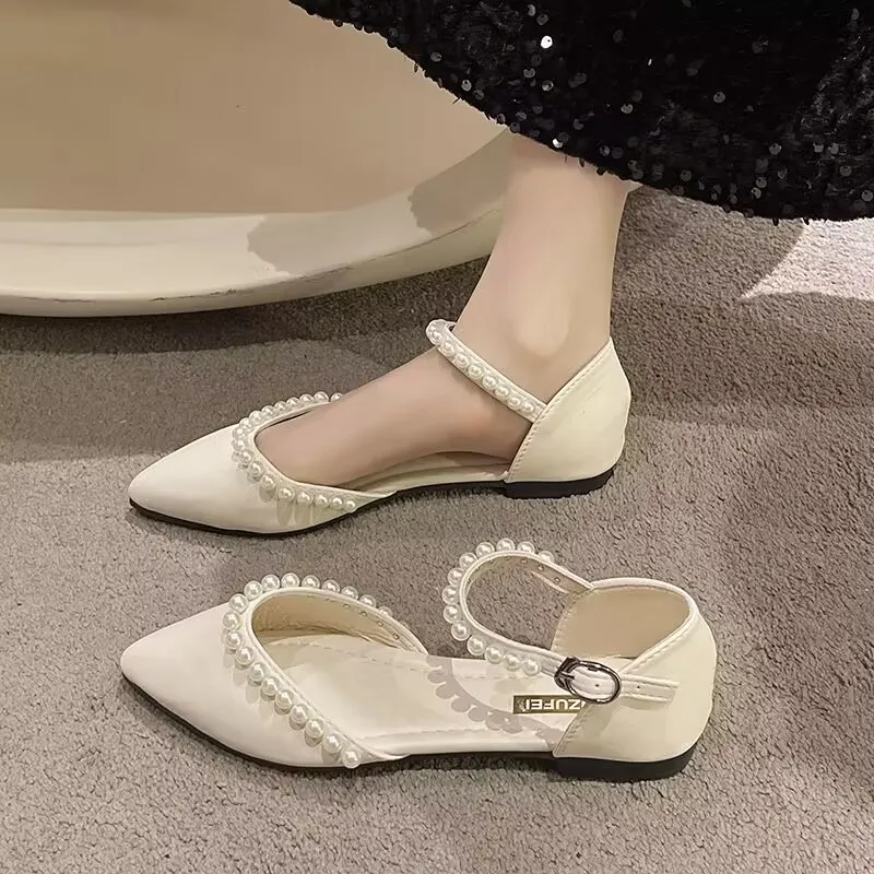 Spring Summer Flat Shoes 2025 Woman Pointed Toe Pearl French Sandals Sweet Girls Beaded Empty Side Sandals Casual Shoes 
Spring Summer Flat Shoes 2025 Woman Pointed Toe Pearl French Sandals Sweet Girls Beaded Empty Side Sandals Casual Shoes