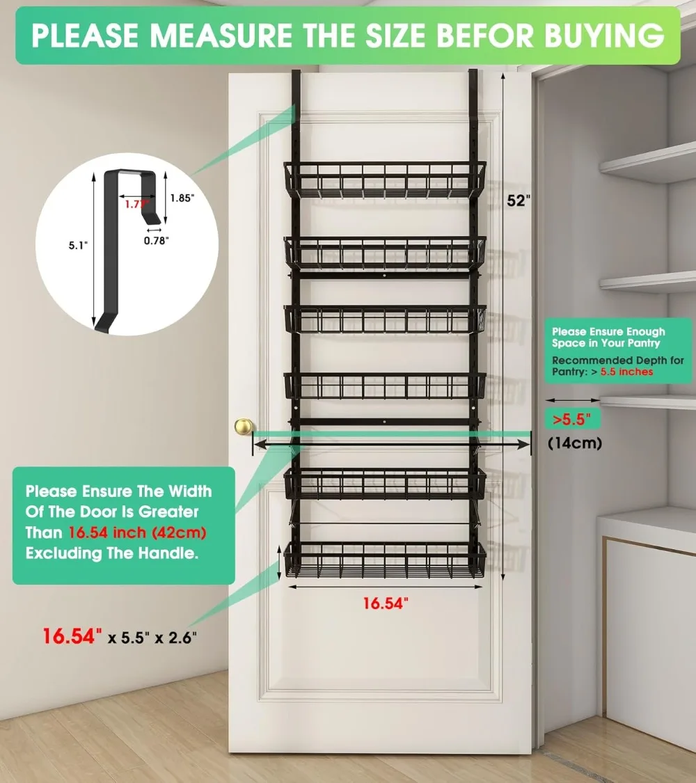 6-уровневый органайзер над дверью для кладовой, регулируемые подвесные корзины, металлическая полка для специй для хранения домашней кухни в ванной комнате - черный
6-уровневый органайзер над дверью для кладовой, регулируемые подвесные корзины, металлическая полка для специй для хранения домашней кухни в ванной комнате - черный