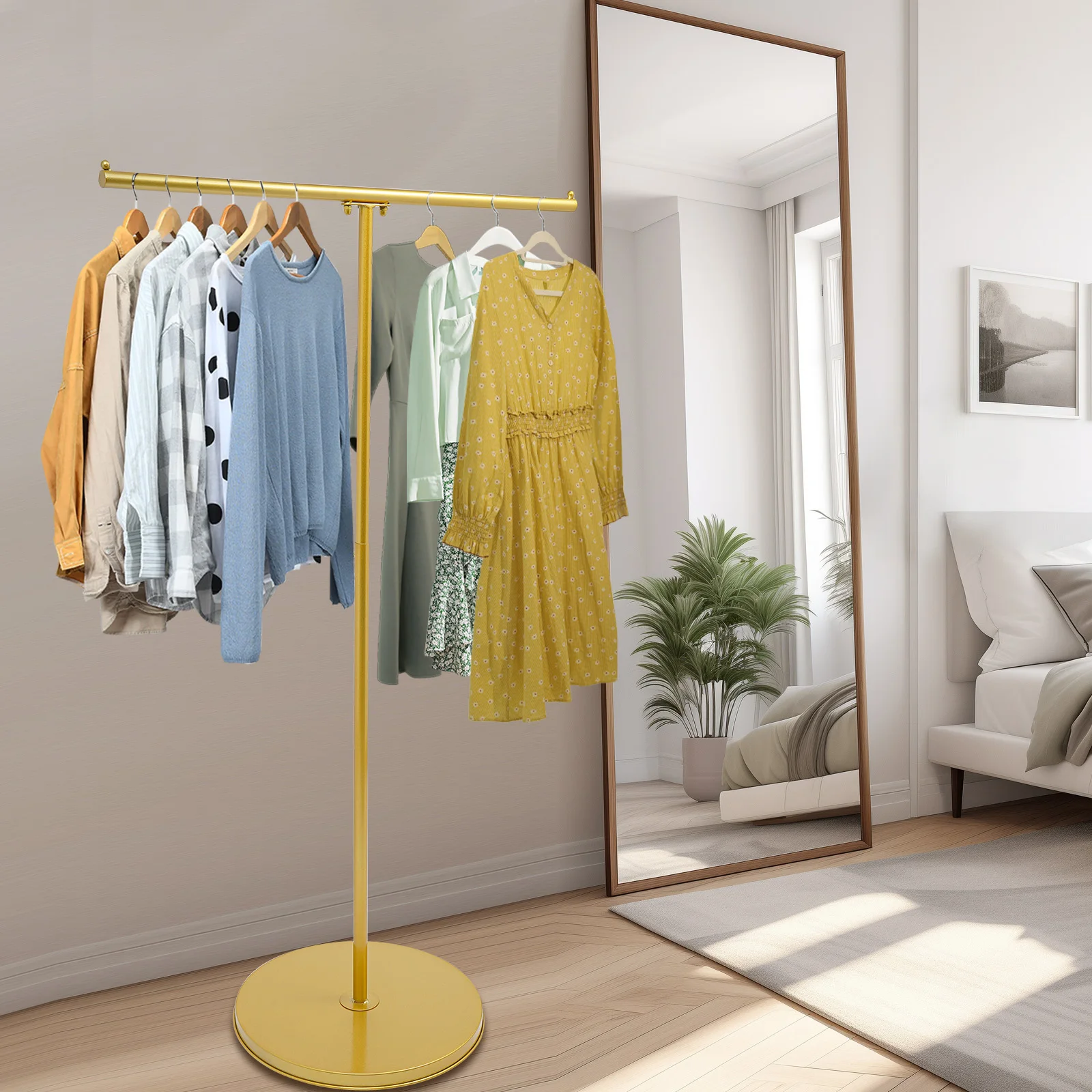 Золотая стойка для одежды из кованого железа 100x130 см с регулируемой высотой и противоскользящей напольной вешалкой из бисера
Золотая стойка для одежды из кованого железа 100x130 см с регулируемой высотой и противоскользящей напольной вешалкой из бисера