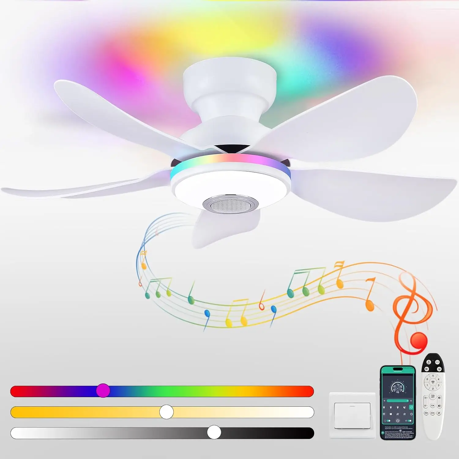 36 Inch White Ceiling Fan with RGB Light, Built-in Speaker, APP & Remote Control, Reversible for Bedroom Living Room
36 Inch White Ceiling Fan with RGB Light, Built-in Speaker, APP & Remote Control, Reversible for Bedroom Living Room