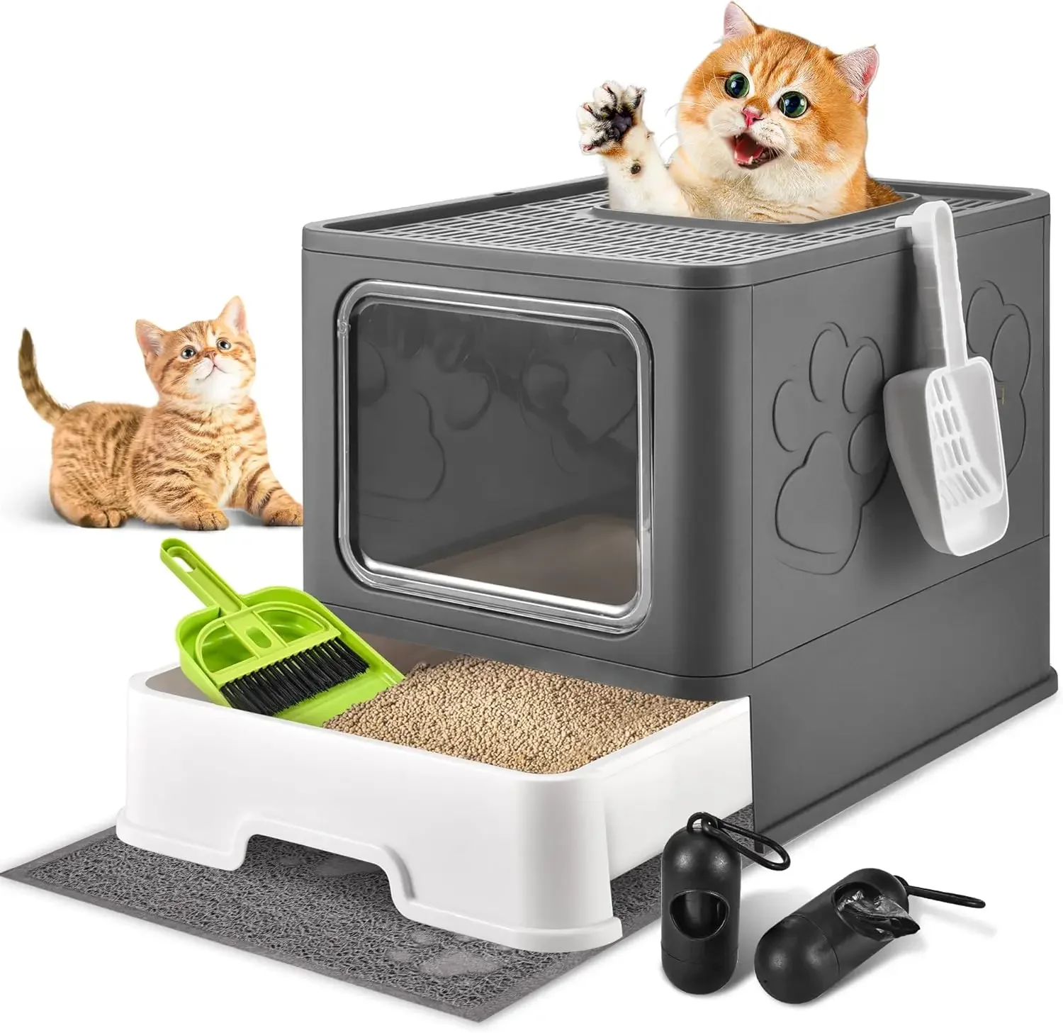 Cat Litter Box with Litter Mat, Foldable Extra Large Free in and Out/One-Way Liiter Box with Lid
Cat Litter Box with Litter Mat, Foldable Extra Large Free in and Out/One-Way Liiter Box with Lid