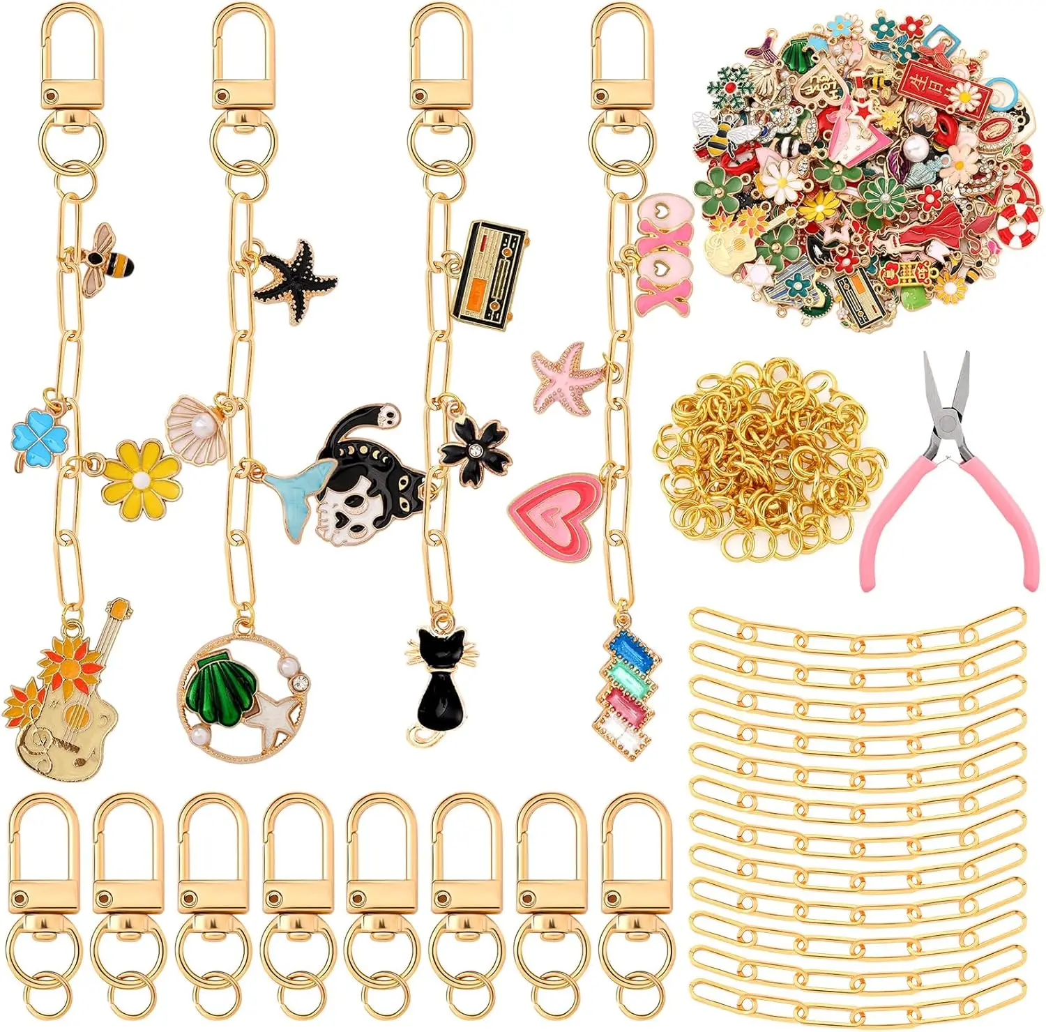 286 Piece DIY Gold Keychain Kit Lip Gloss Charms Clips Rings Hooks Chains Pliers
286 Piece DIY Gold Keychain Kit Lip Gloss Charms Clips Rings Hooks Chains Pliers