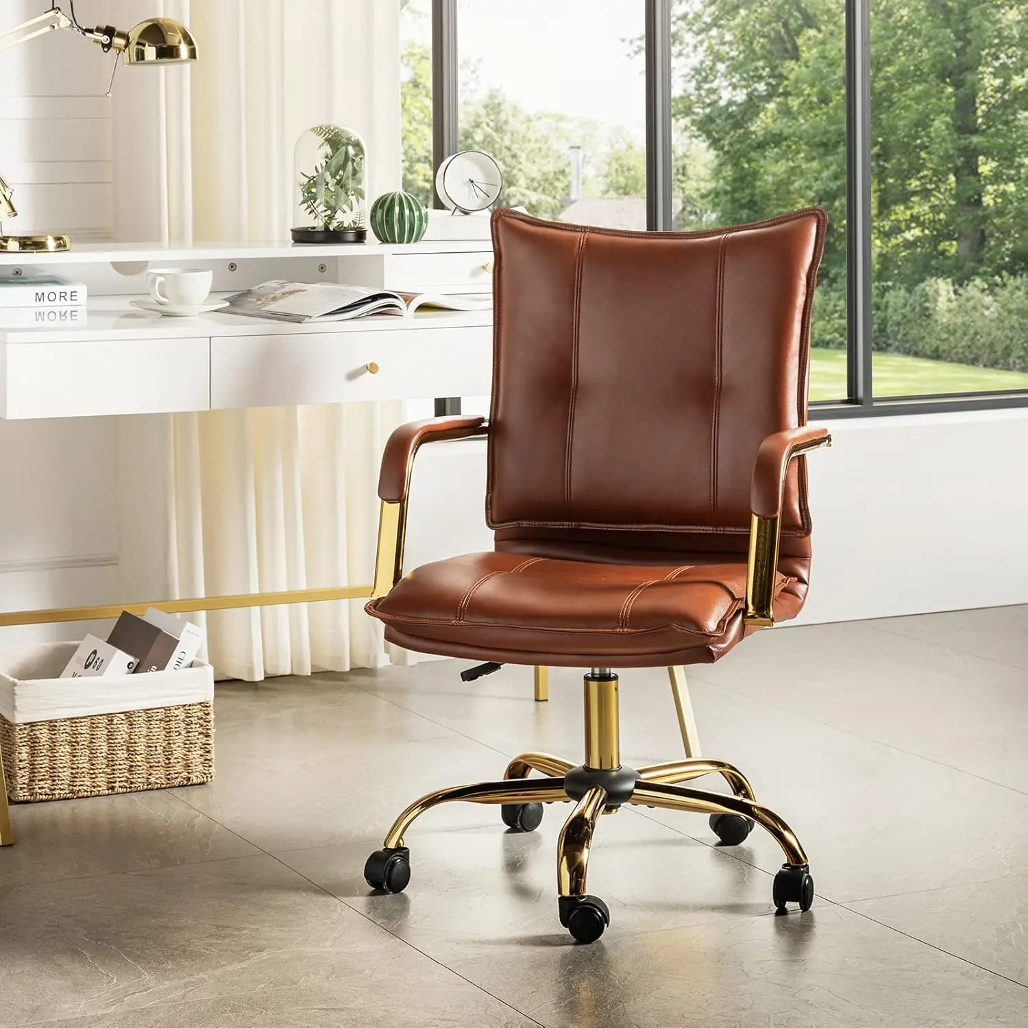 Faux Leather Home Office Desk , Adjustable Swivel Computer with Golden Legs and Arms, Comfy Upholstered Task , Br
Faux Leather Home Office Desk , Adjustable Swivel Computer with Golden Legs and Arms, Comfy Upholstered Task , Br