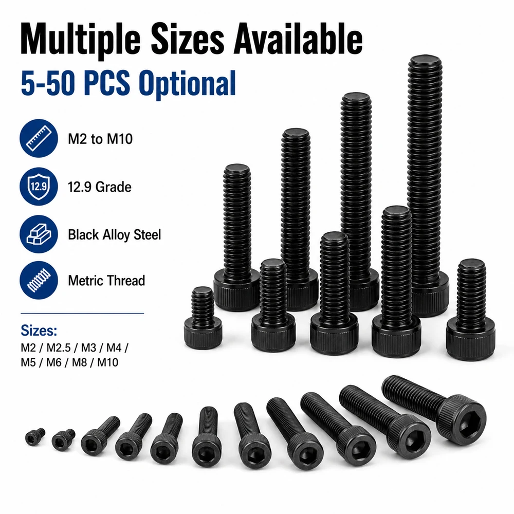 5-50pcs M2-M10 12.9 Alloy Steel Hex Socket Cap Screws, Black Metric Fasteners Assortment Kit for DIY & Industrial Use
5-50pcs M2-M10 12.9 Alloy Steel Hex Socket Cap Screws, Black Metric Fasteners Assortment Kit for DIY & Industrial Use