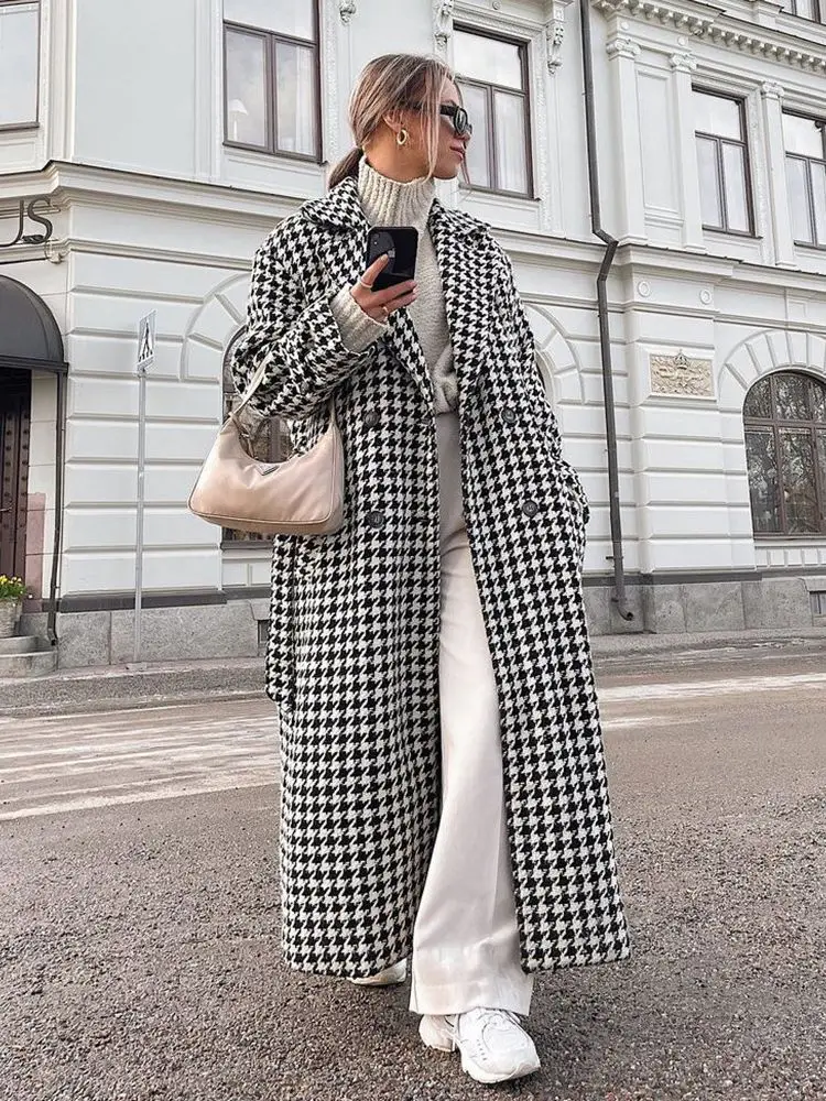 Winter Loose Houndstooth Women Trench Coat Elegant Lapel High-end Fashion Office Jacket Classic Black White Warm Overcoat Female
Winter Loose Houndstooth Women Trench Coat Elegant Lapel High-end Fashion Office Jacket Classic Black White Warm Overcoat Female