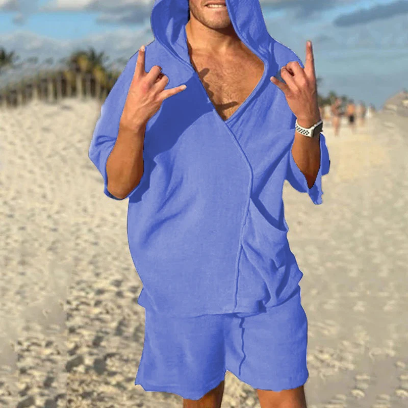 2025 Europe and the United States men's summer V-neck casual short-sleeved hooded shorts beach solid color suit
2025 Europe and the United States men's summer V-neck casual short-sleeved hooded shorts beach solid color suit