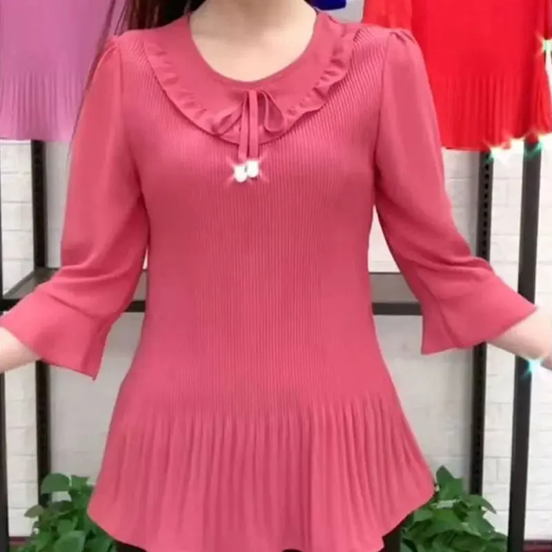 Female Clothing Solid Color Slim Blouse Fashion Bow Pleated Spring Summer 3/4 Sleeve Casual O-Neck All-match Patchwork Shirt New
Female Clothing Solid Color Slim Blouse Fashion Bow Pleated Spring Summer 3/4 Sleeve Casual O-Neck All-match Patchwork Shirt New