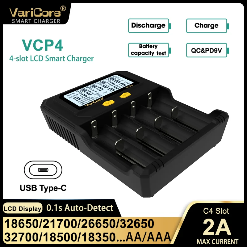 Умное зарядное устройство VariCore VCP4 для 18650 21700 AA AAA Li-ion Ni-MH QC & PD Вход 2A Быстрая зарядка ЖК-дисплей 4 слота
Умное зарядное устройство VariCore VCP4 для 18650 21700 AA AAA Li-ion Ni-MH QC & PD Вход 2A Быстрая зарядка ЖК-дисплей 4 слота