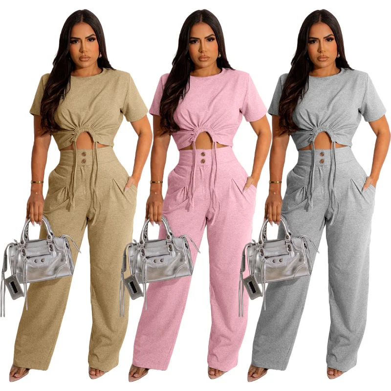 Solid Cotton Two Piece Set Women O-neck Short Sleeve Drawstring T-shirts Crop Tops High Waist Wide Leg Pants Fashion Casual Suit
Solid Cotton Two Piece Set Women O-neck Short Sleeve Drawstring T-shirts Crop Tops High Waist Wide Leg Pants Fashion Casual Suit