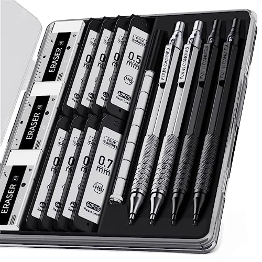 4PCS Metal Mechanical Pencils Set with Case, 0.5mm and 0.7 mm Artist Pencil with 8 Tubes 480PCS HB Lead Refills, 3 Erasers, 9 E
4PCS Metal Mechanical Pencils Set with Case, 0.5mm and 0.7 mm Artist Pencil with 8 Tubes 480PCS HB Lead Refills, 3 Erasers, 9 E