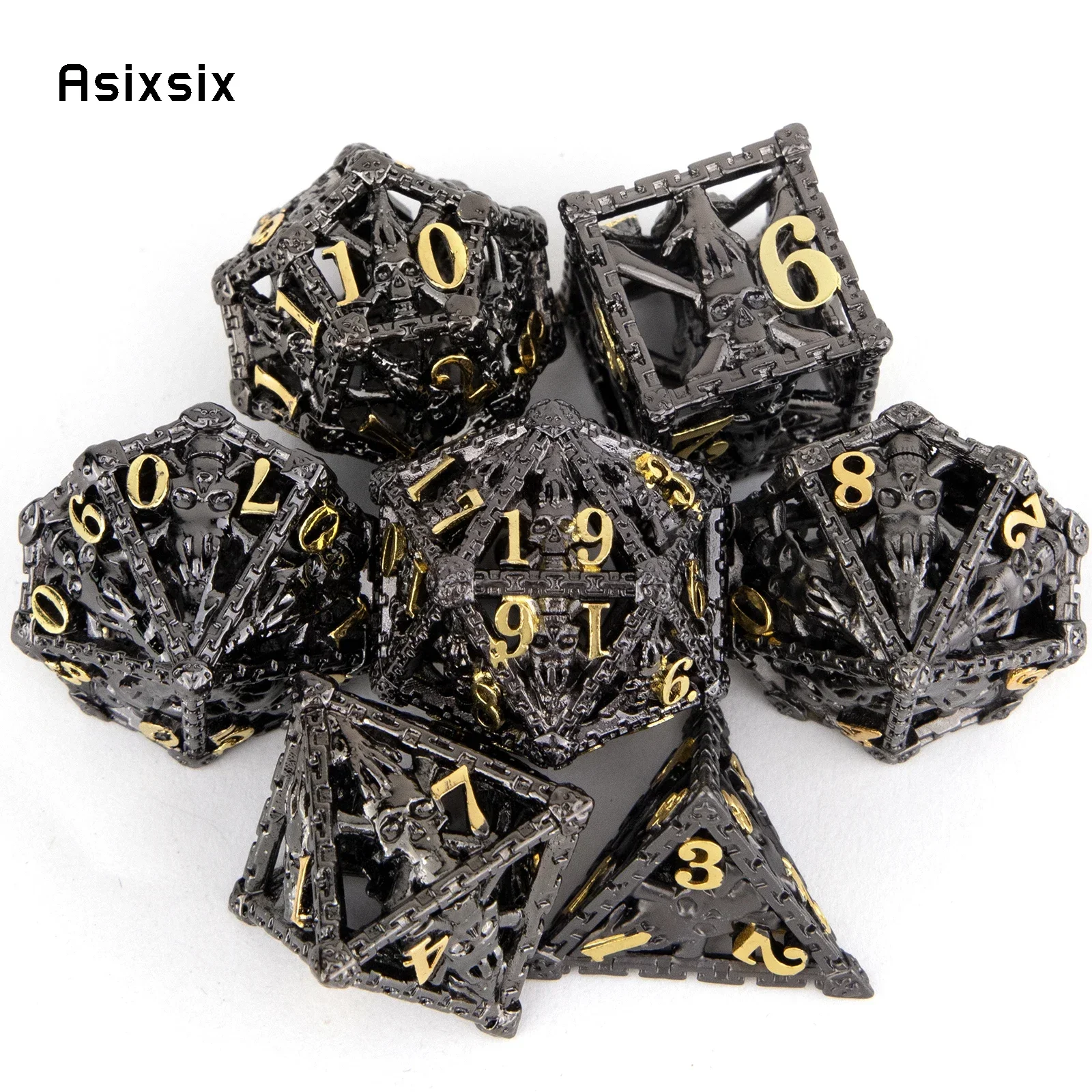 7 Pcs Black Golden Hand Skull Head Metal Dice Hollow Polyhedral Dice Set Suitable for Role-Playing RPG Board Game Gift
7 Pcs Black Golden Hand Skull Head Metal Dice Hollow Polyhedral Dice Set Suitable for Role-Playing RPG Board Game Gift
