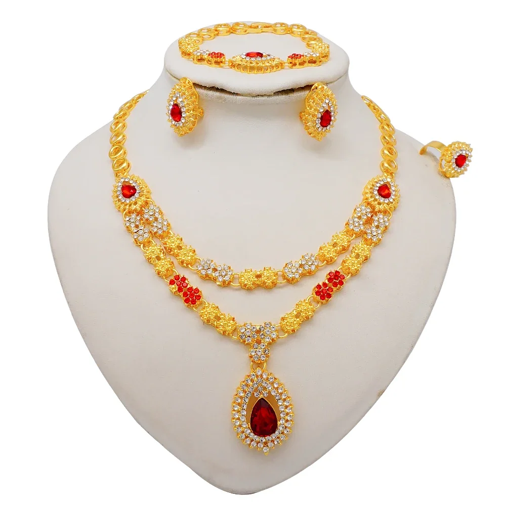 Fine Jewelry Ethiopia Double Layers Red Crystal Waterdrop Pendant Necklace Bling Earrings Jewelry set For Women Banquet Wedding
Fine Jewelry Ethiopia Double Layers Red Crystal Waterdrop Pendant Necklace Bling Earrings Jewelry set For Women Banquet Wedding