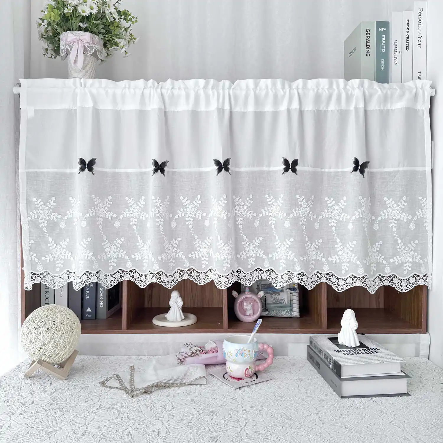 Charming White Short Curtain with Delicate Snowflake Embroidery Cute Butterfly Applique and Exquisite Lace Trim Window Valance
Charming White Short Curtain with Delicate Snowflake Embroidery Cute Butterfly Applique and Exquisite Lace Trim Window Valance
