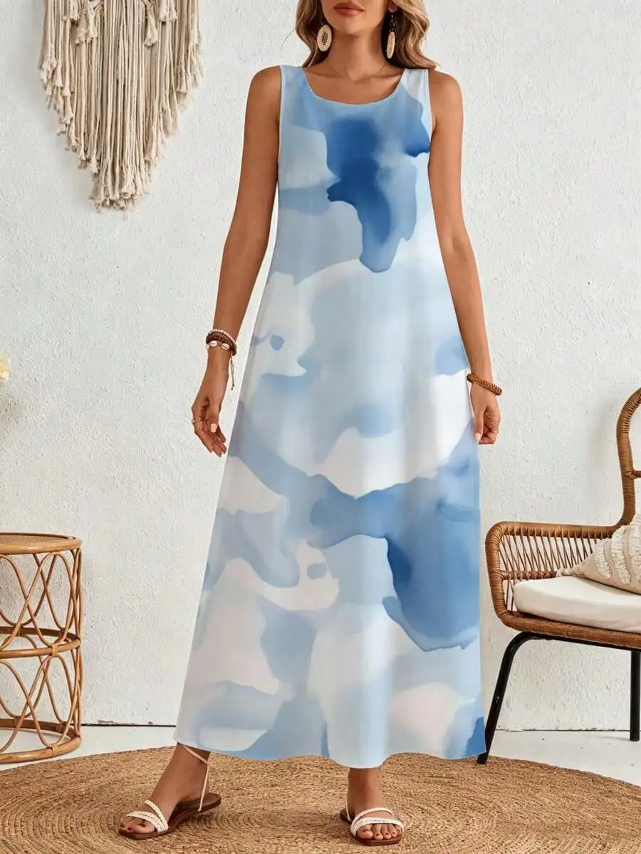 Sleeveless Maxi Dress Light Blue Watercolor Print Boho Summer Beach Wear
Sleeveless Maxi Dress Light Blue Watercolor Print Boho Summer Beach Wear