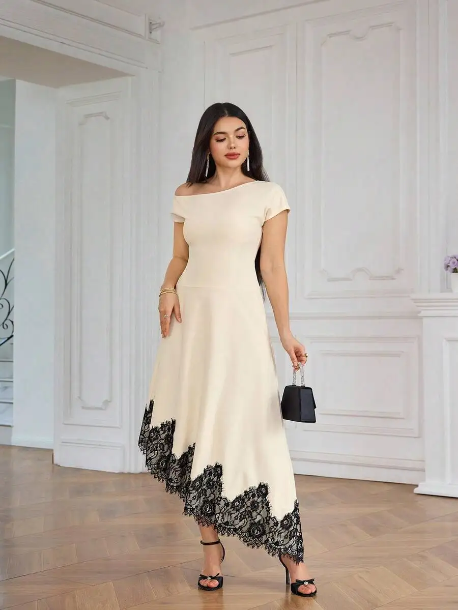 Elegant Asymmetrical Neck Lace Trimmed Midi Dress For Women Summer
Elegant Asymmetrical Neck Lace Trimmed Midi Dress For Women Summer