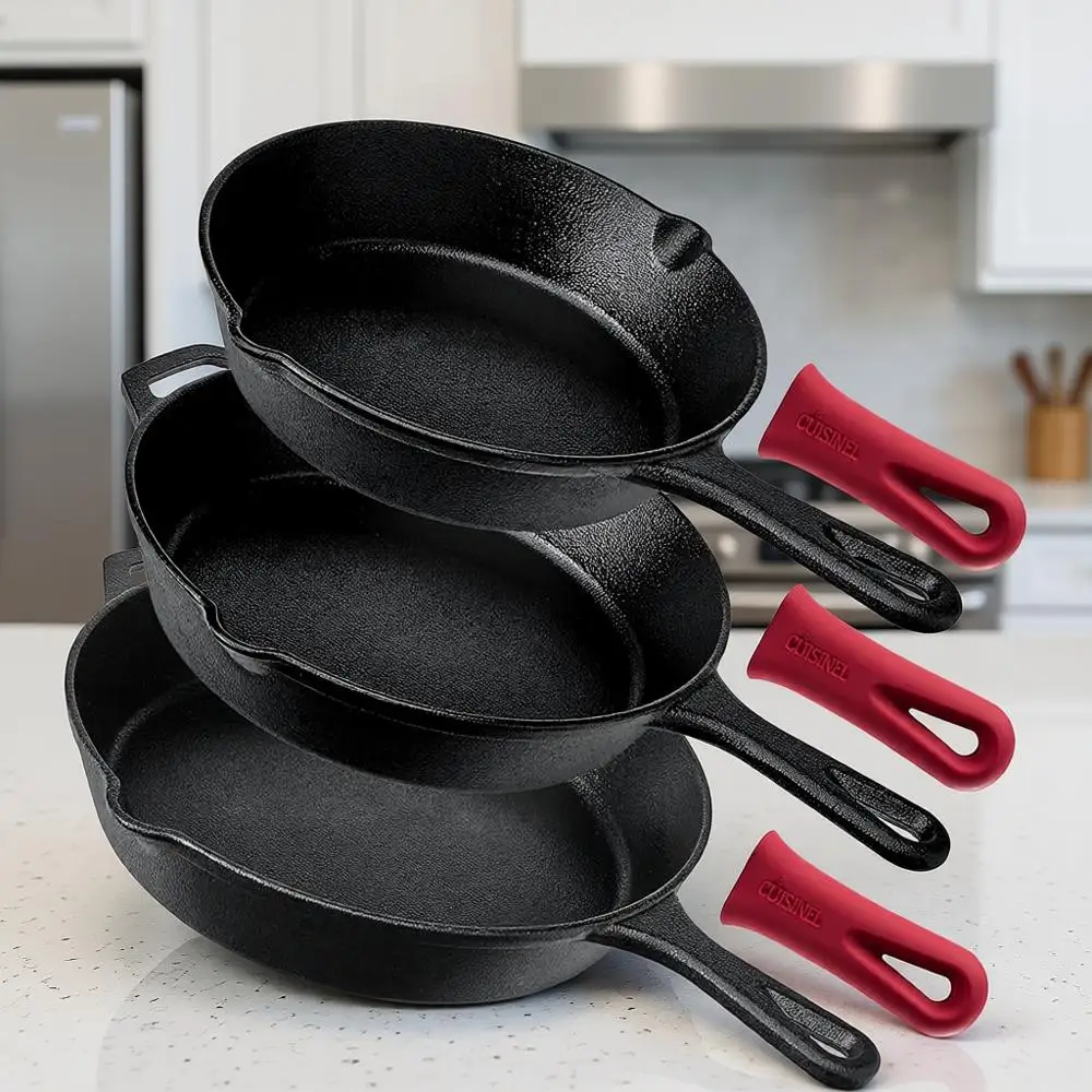 Cast Iron Skillet Set - 8 + 10 + 12 Pre-Seasoned Frying Pans with Silicone Handle Grip Covers
Cast Iron Skillet Set - 8 + 10 + 12 Pre-Seasoned Frying Pans with Silicone Handle Grip Covers